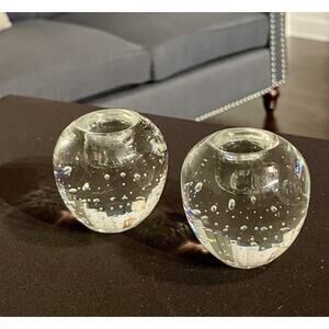 2 - Hand Blown Glass Taper Candle Holders with Controlled Bubbles (Apple Shape)